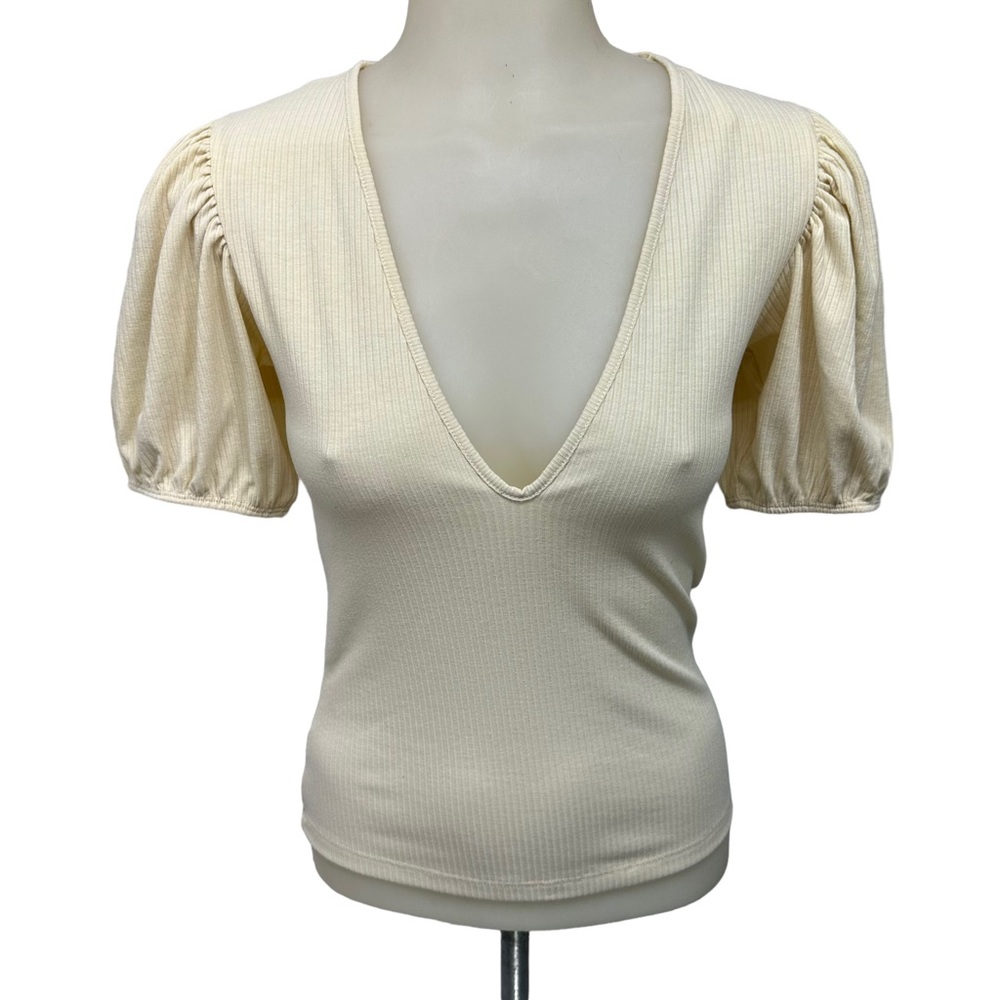 Zara Cream Ribbed Deep V Puff-Sleeve Top